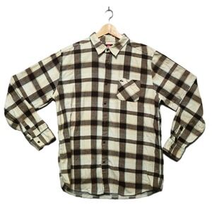 QUIKSILVER Flannel Shirt Mens XL Brown Blue Plaid Cotton Long Sleeve Button